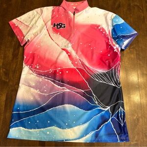 Womens Bowling Jersey Short Sleeve XL H5G Colorful Print Zip Collar Bowl League